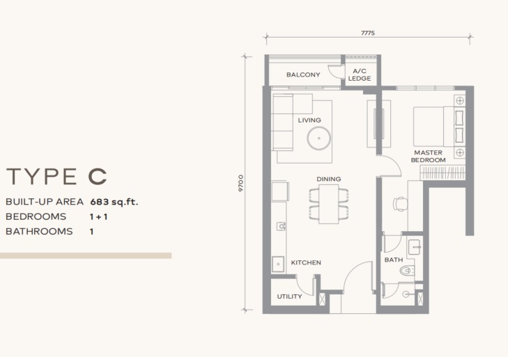 Khaya Residence Type C floor plan — 843 sq ft, 2 bedrooms