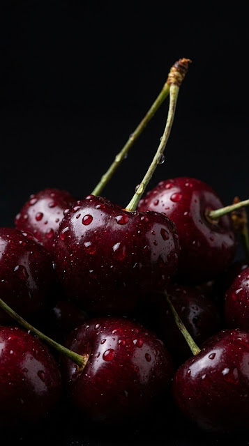 Macro Photography of Dark Red Cherries with Water Droplets - Free mobile Wallpaper