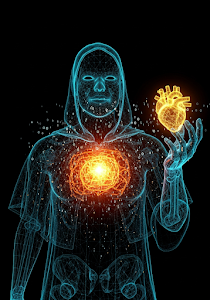 Neon Wireframe Skeleton Holding Heart