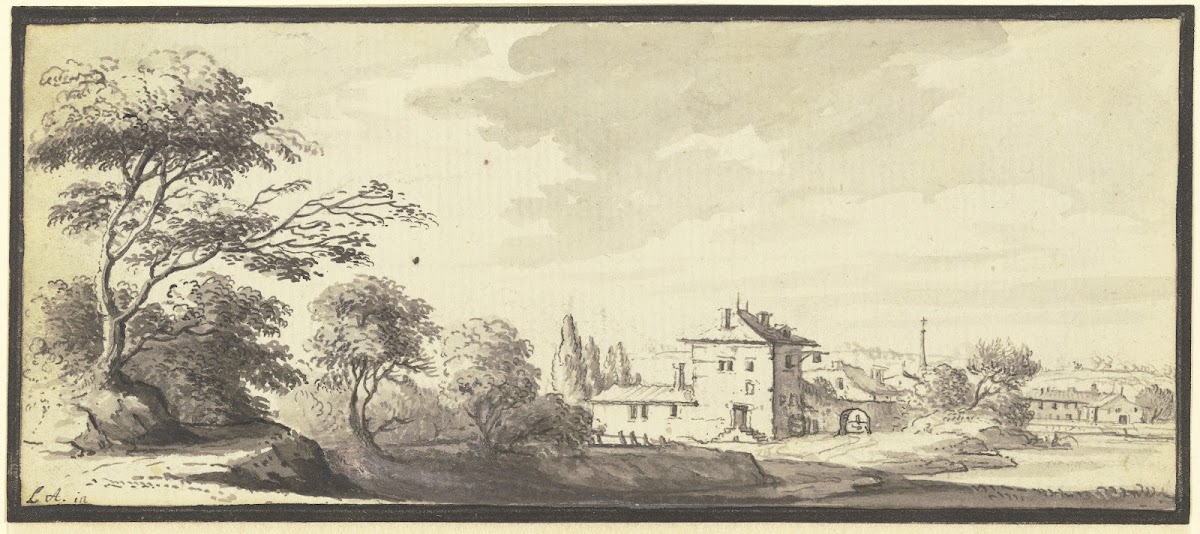 Landschaft mit Gebäuden am Wasser 1744