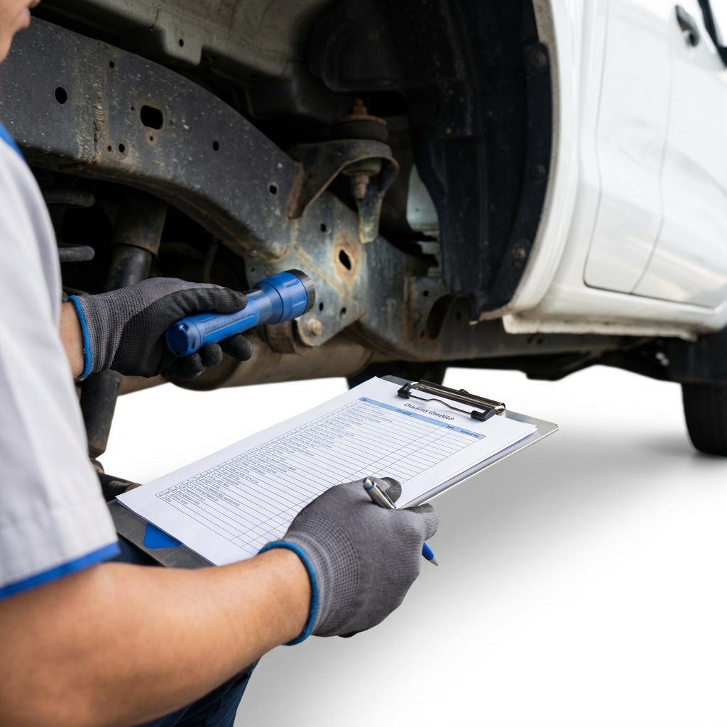 Close shot of a technician inspecting undercarriage and frame rails of a used chevy colorado for sale with checklist clipboard on white background and blue CarFax Deals accents