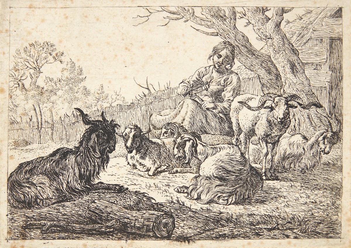 Hyrdinde med en garnvinde siddende blandt geder og får 1638
