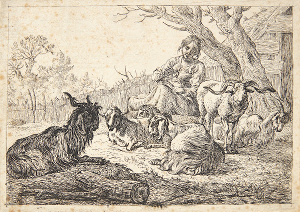Hyrdinde med en garnvinde siddende blandt geder og får 1638