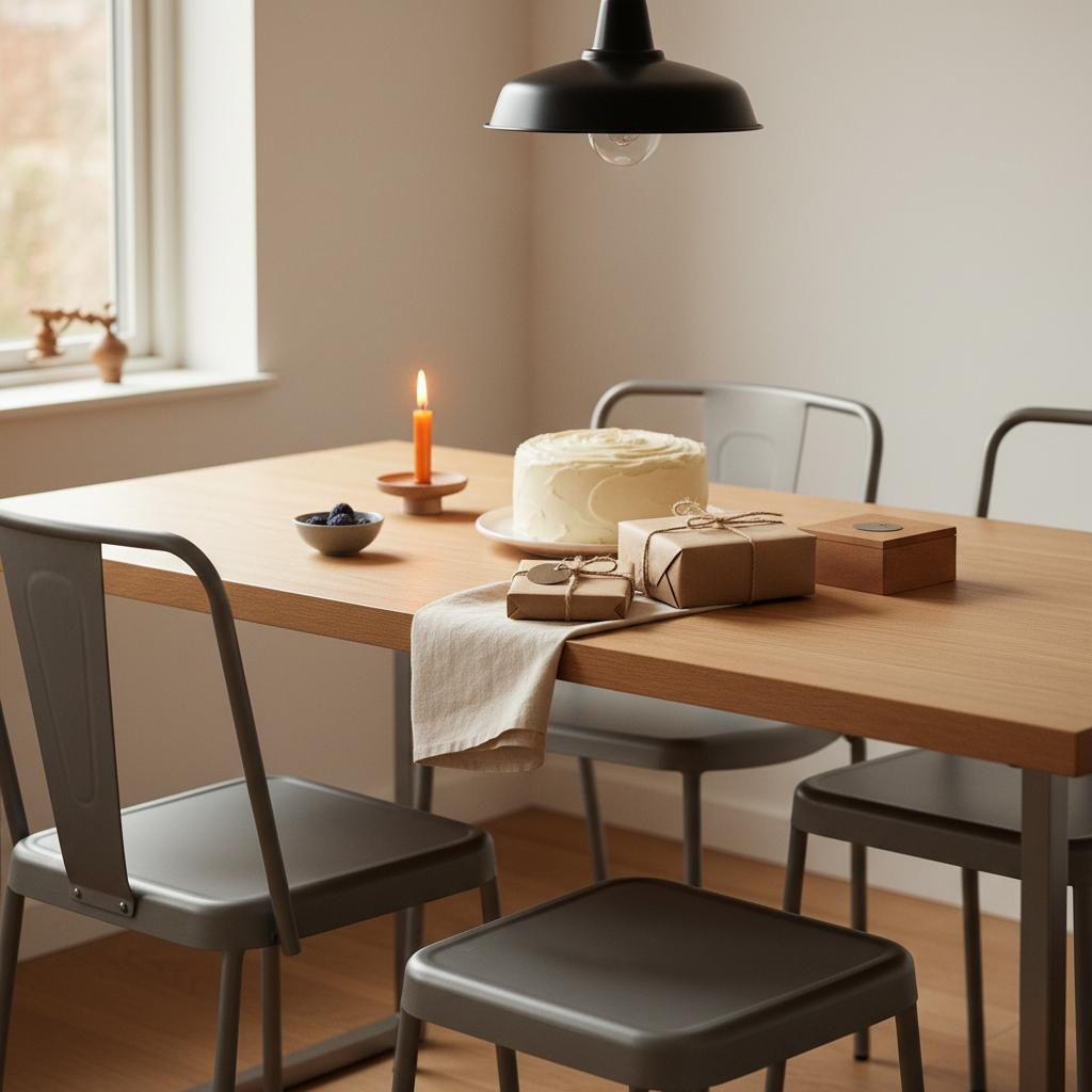 Minimalistischer Esstisch mit Erlebnisgeschenken, Vanillekuchen und haptischen Materialien (Papier, Metall, Holz) in Steelmonks-Farben, warmes Licht, authentisch.