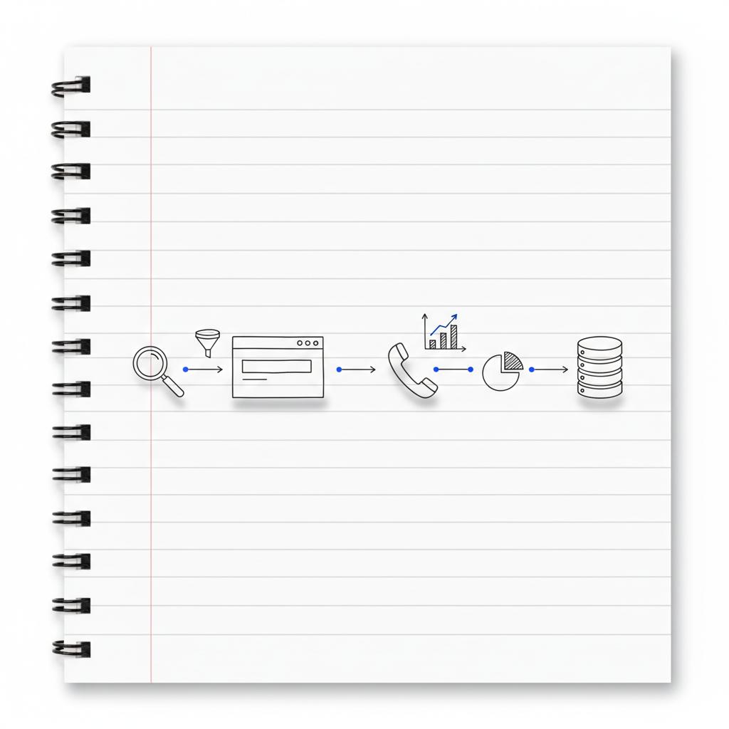 Minimalist white-page diagram of a legal client journey for PPC for lawyers: search icon to landing page to phone call to CRM, linked by arrows with #1a5bfb and #39383f accents.