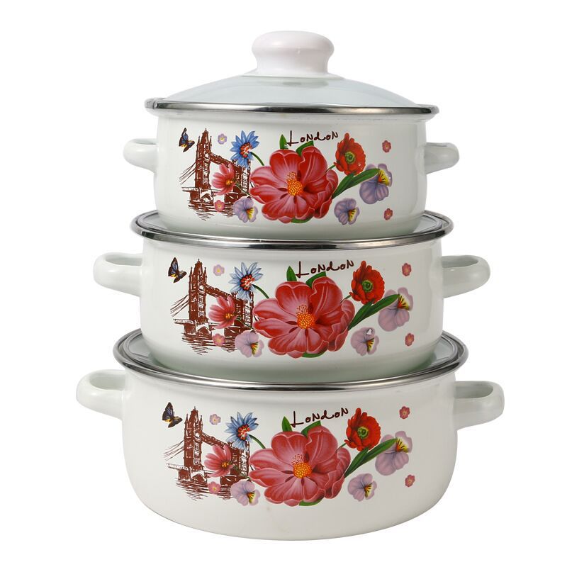 Emaillierter Kochtopf-Set mit Glassdeckel