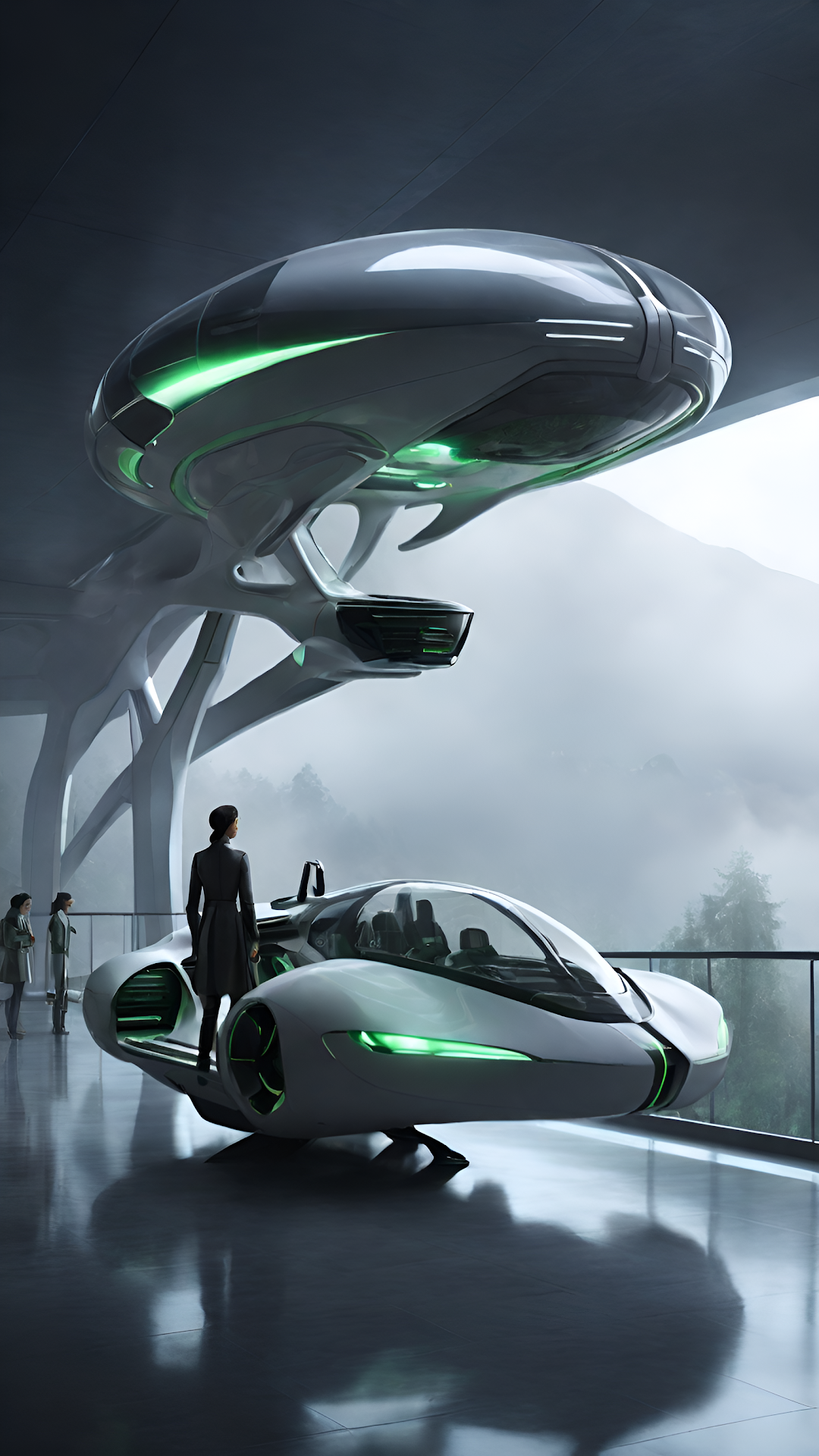 Sleek Futuristic Hovercar Docking Bay Misty Valley View - Free 4K mobile Wallpaper