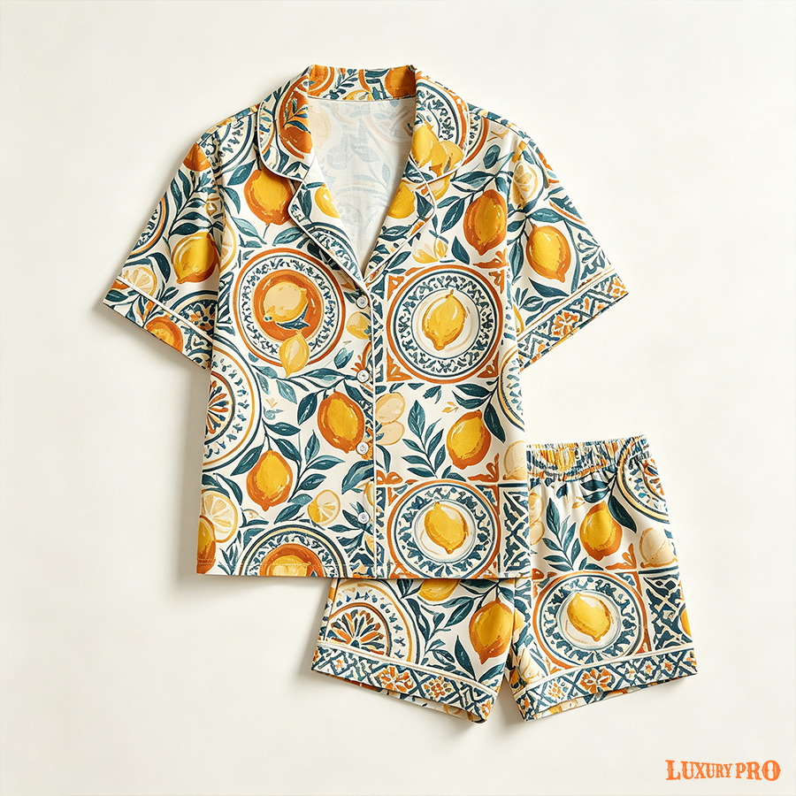 AOP HY Short Sleeve Shirt and Shorts Pajama Set Women Waffle
