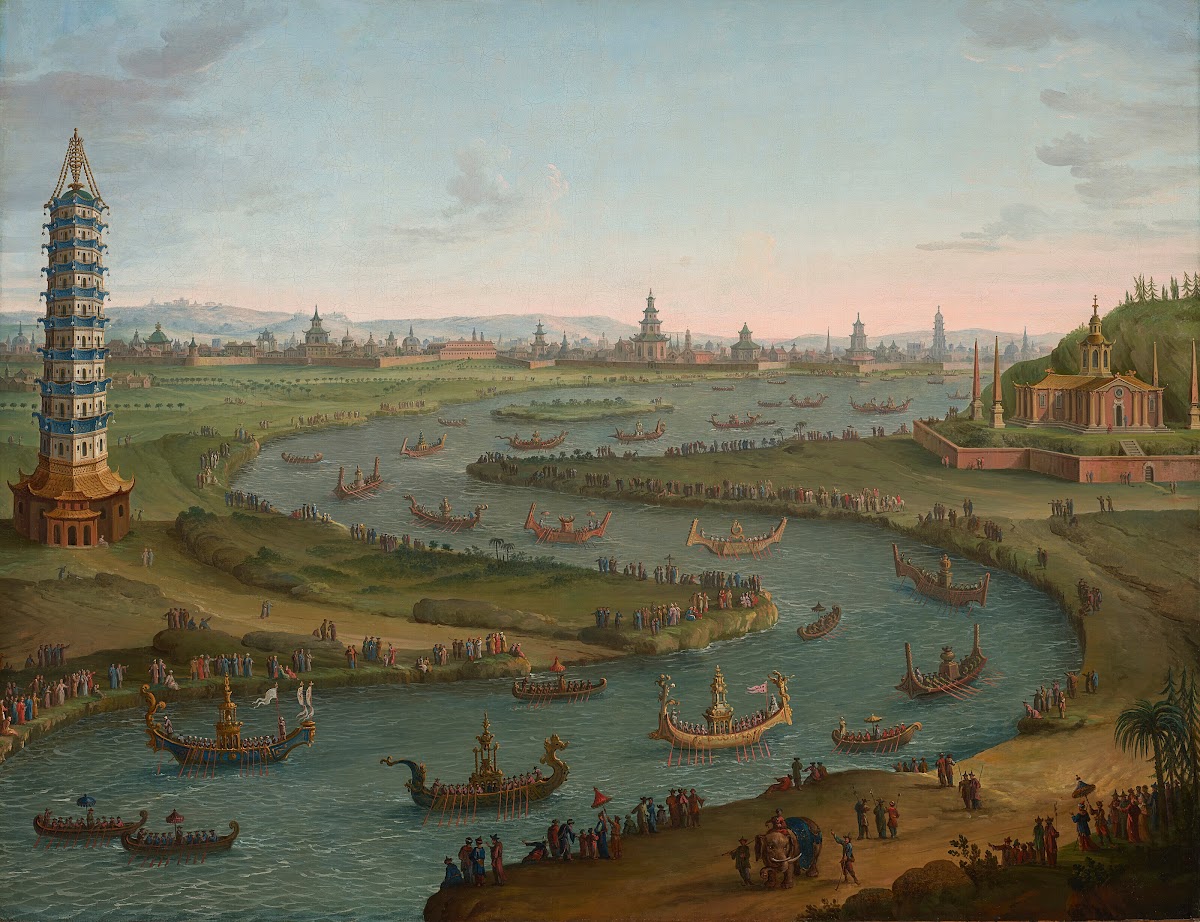 A capriccio with the French Ambassador approaching the King of Siams Palace in a
