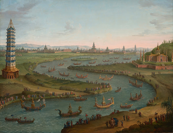 A capriccio with the French Ambassador approaching the King of Siams Palace in a