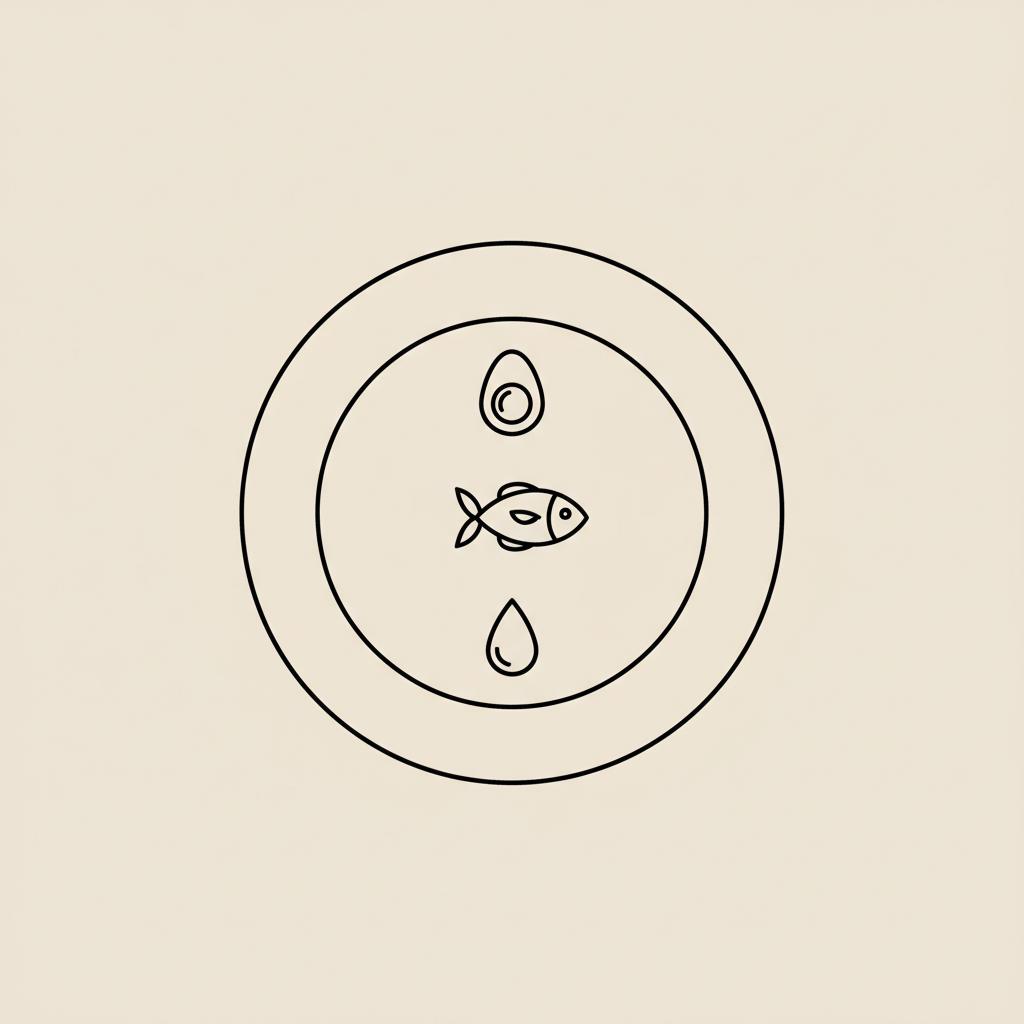 Minimal Tonum-style vector plate with egg, fish, and water droplet line icons on beige background illustrating how to boost metabolism naturally