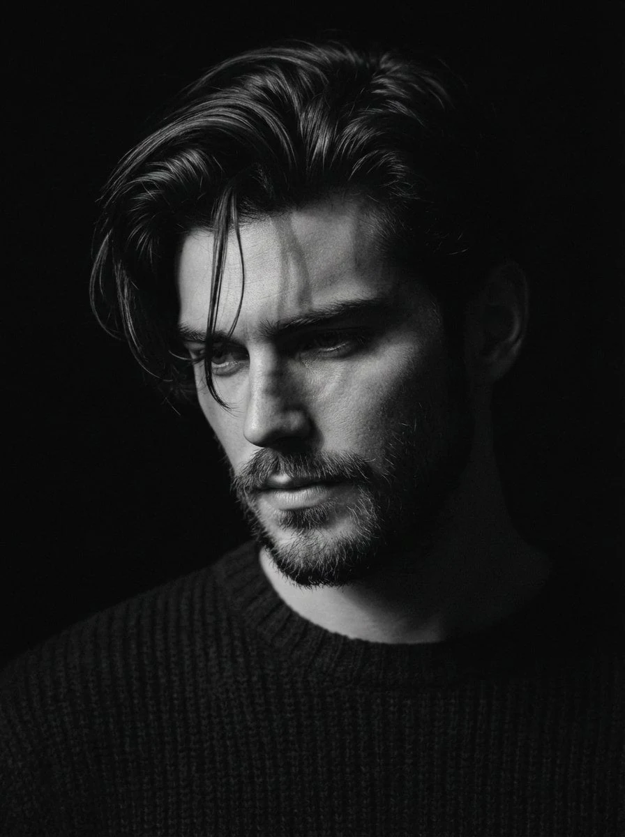 Retrato en blanco y negro de primer plano de un hombre con cabello desaliñado y barba descuidada, mirando fijamente...