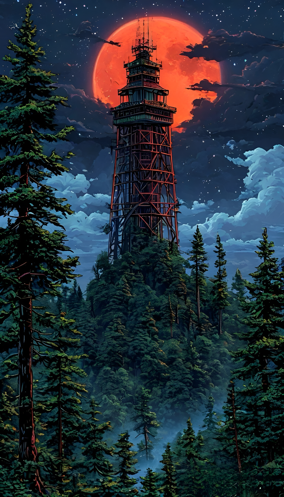 Fantasy Tower in Dark Forest Under Blood Moon Anime Art - Free 4K mobile Wallpaper