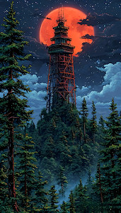 Fantasy Tower in Dark Forest Under Blood Moon Anime Art