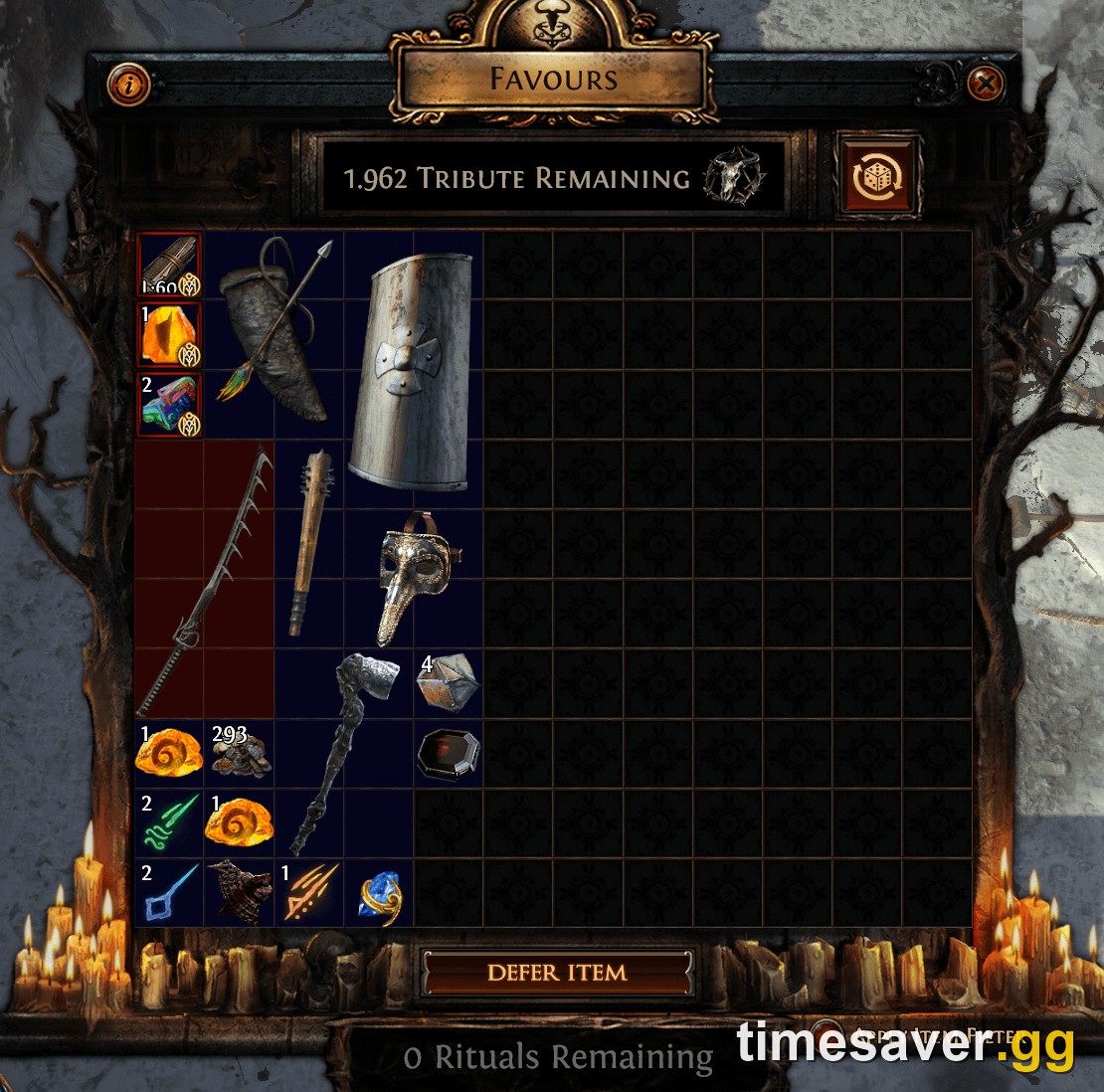 PoE2 Ritual Favours screen showing not enough Tribute remaining to defer, the Defer Item button and Rituals Remaining