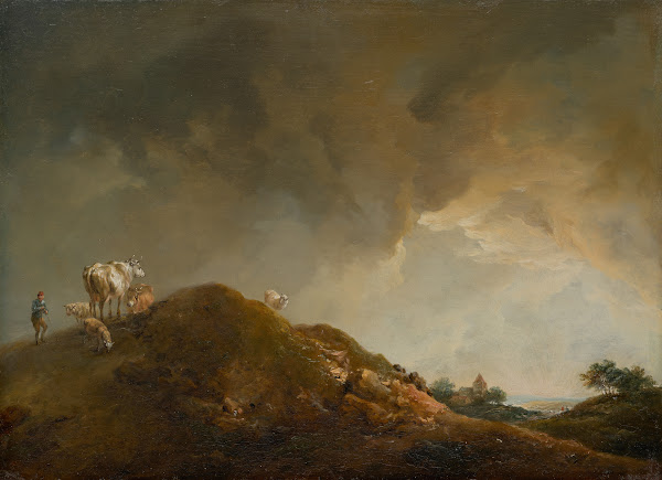 Hügellandschaft mit Kühen und Schafen 1771