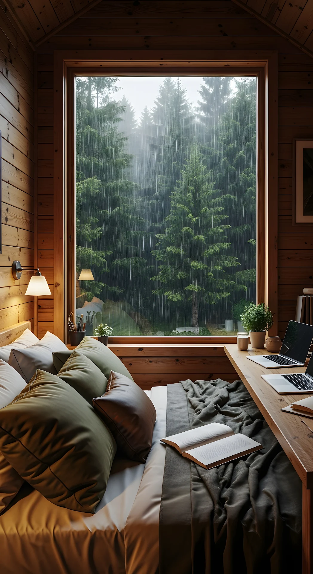 Cozy Rustic Cabin Interior View with Rainy Window and Forest Outside - Free 4K mobile Wallpaper