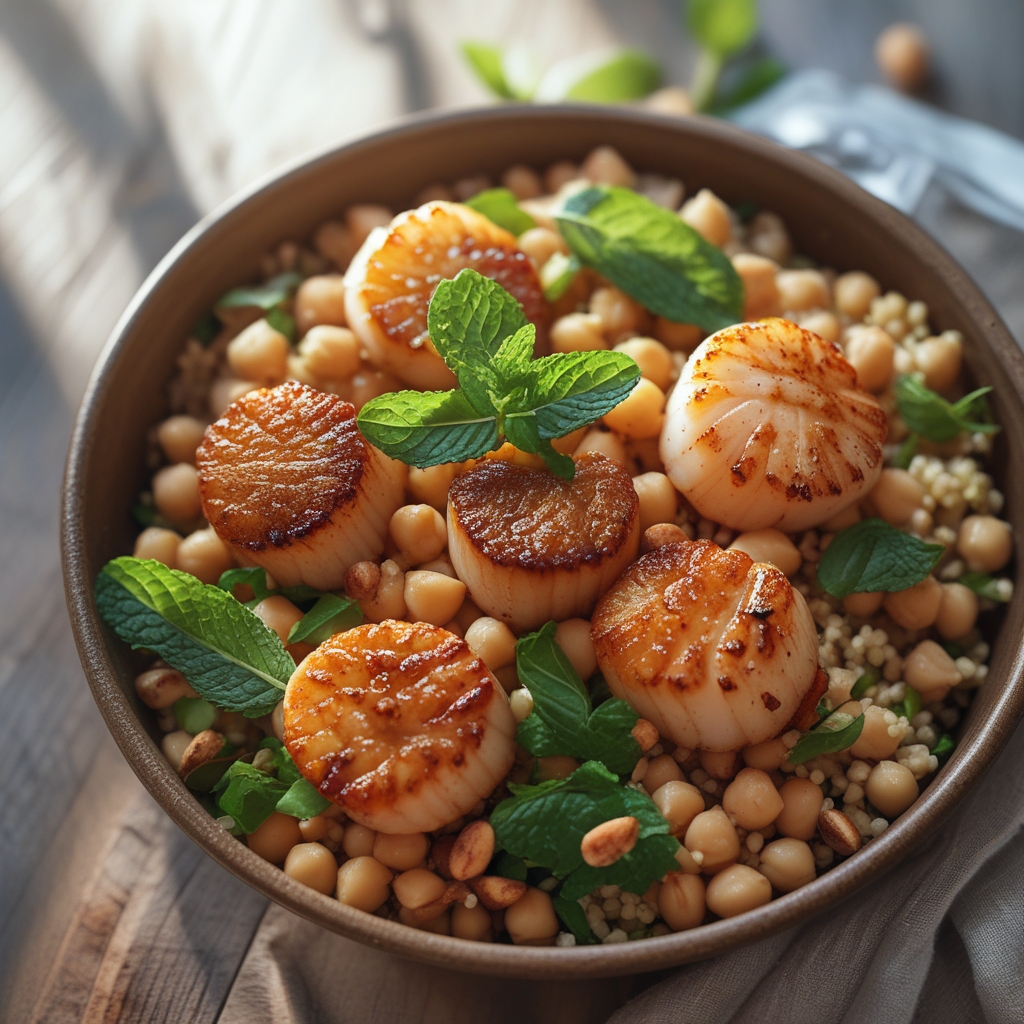 Moroccan-Spiced Scallop Power Bowl with Harissa-Lemon Chickpea Salad