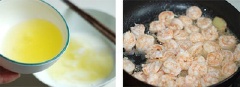 Tiếp theo, cho bột mì, rượu trắng, đường trắng, hạt nêm, sữa tươi vào chén, đổ lòng trắng trứng gà vào, khuấy đều. Làm nóng dầu ăn, cho tôm vào, chiên sơ qua.