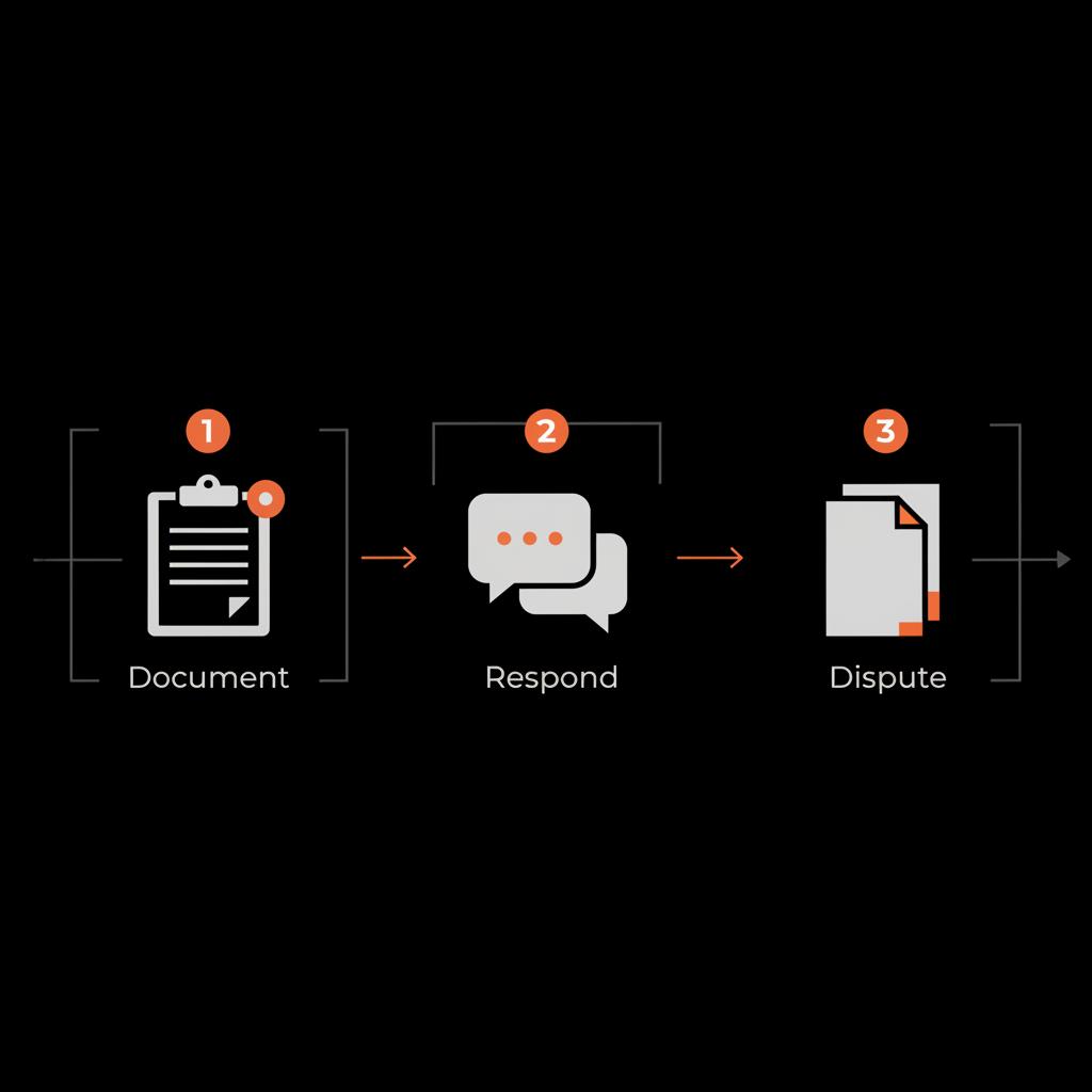 Minimal vector infographic showing a three-step flow (Document, Respond, Dispute) to guide how to hide negative reviews on a black background with orange accent highlights.