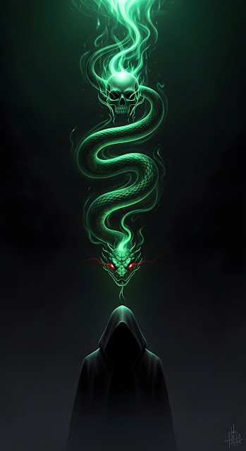 Dark Fantasy Green Flame Snake and Skull Art - Free mobile Wallpaper