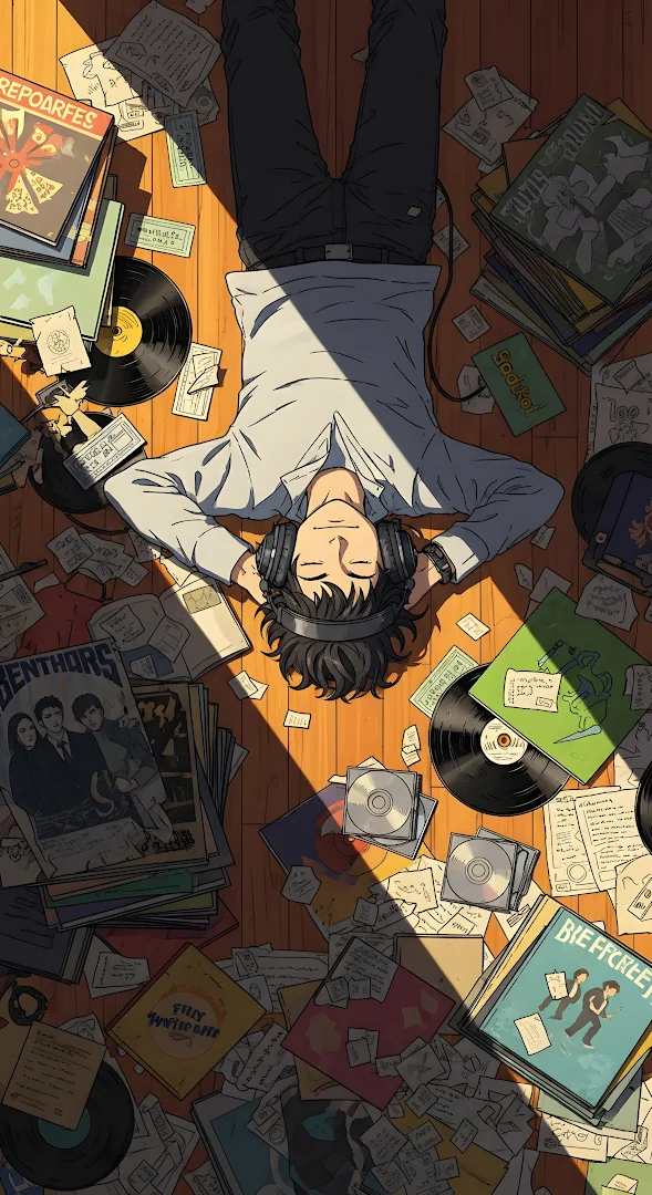 Anime Boy Surrounded By Vinyl Records Music Lover