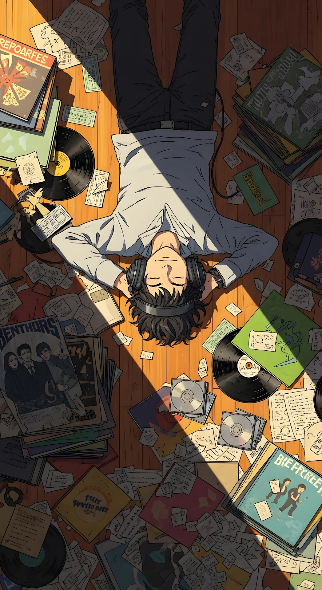 Anime Boy Surrounded By Vinyl Records Music Lover - Free 4K mobile Wallpaper