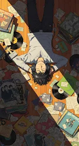 Anime Boy Surrounded By Vinyl Records Music Lover
