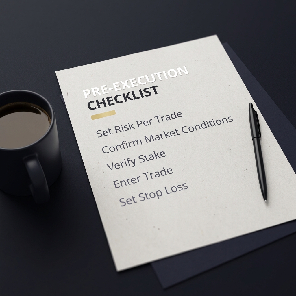 Close up of a printed pre execution checklist next to a coffee cup illustrating A Beginners Roadmap to Passing a Sports Trading Challenge in a minimalist Funded Plays palette with dark background and subtle accent highlights
