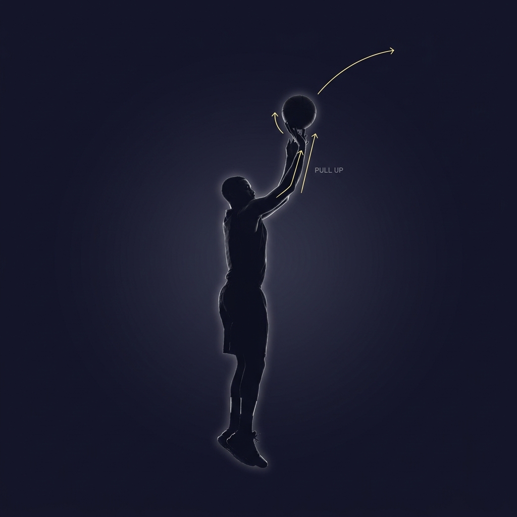 Close up side silhouette of a basketball three point release with small pull up label and efficiency arrows on dark background for donovan mitchell player props
