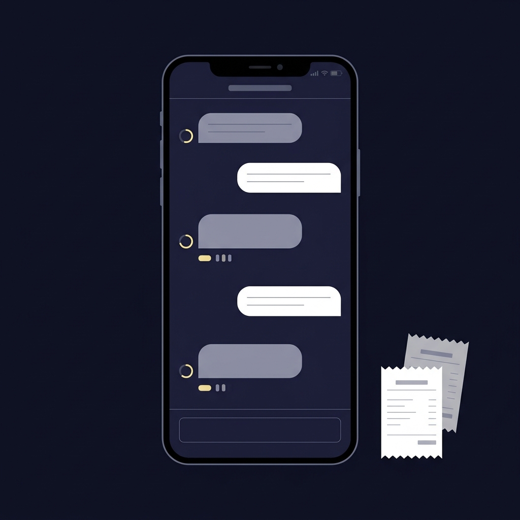 Minimalist 2D vector phone screen showing staged customer support chat with response time indicators and a small stack of receipts in Funded Plays colors for diamond sports book