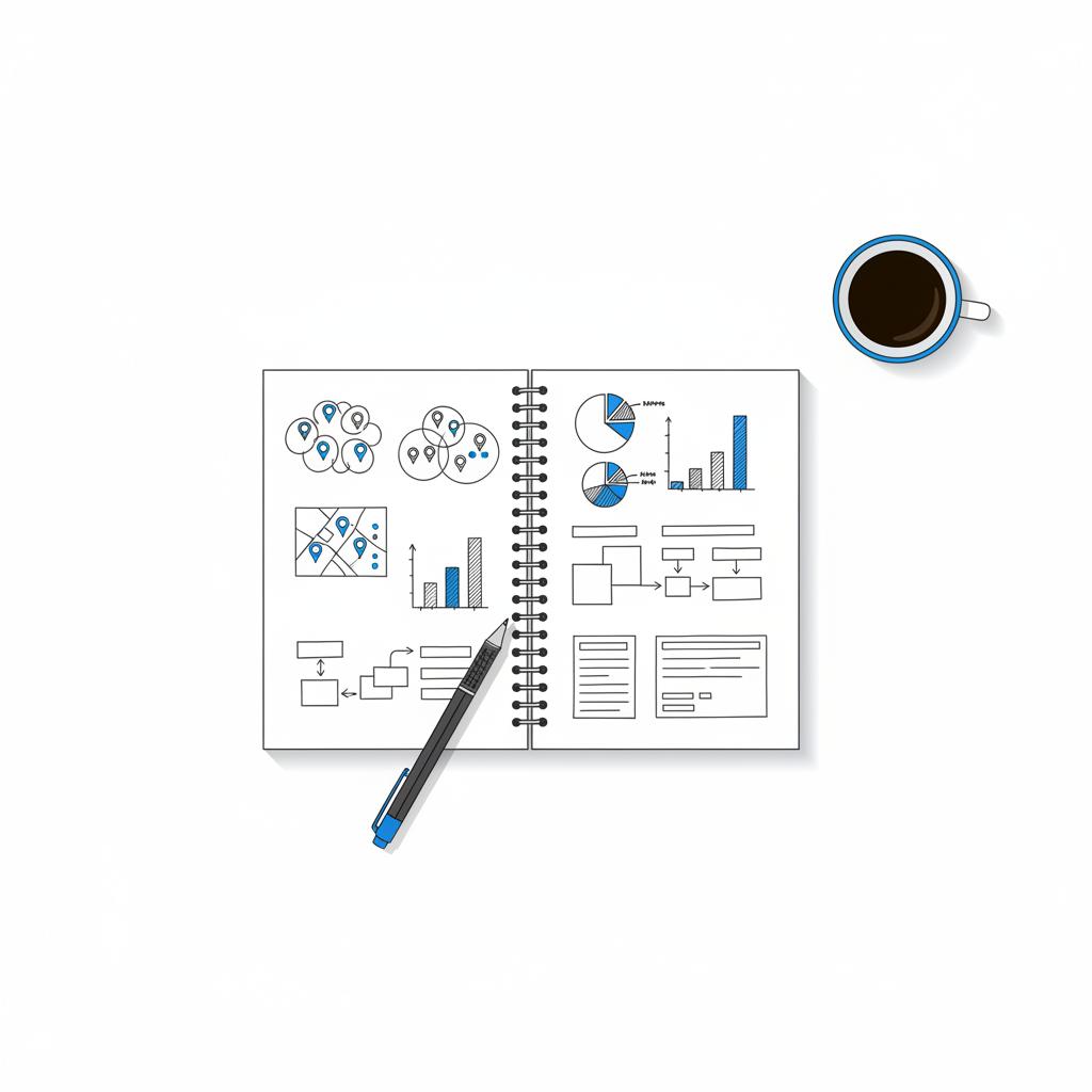 Minimalist vector notebook page showing zip-code clusters, mini budgets and campaign sketches for Google Ads for realtors, white background and blue accents.
