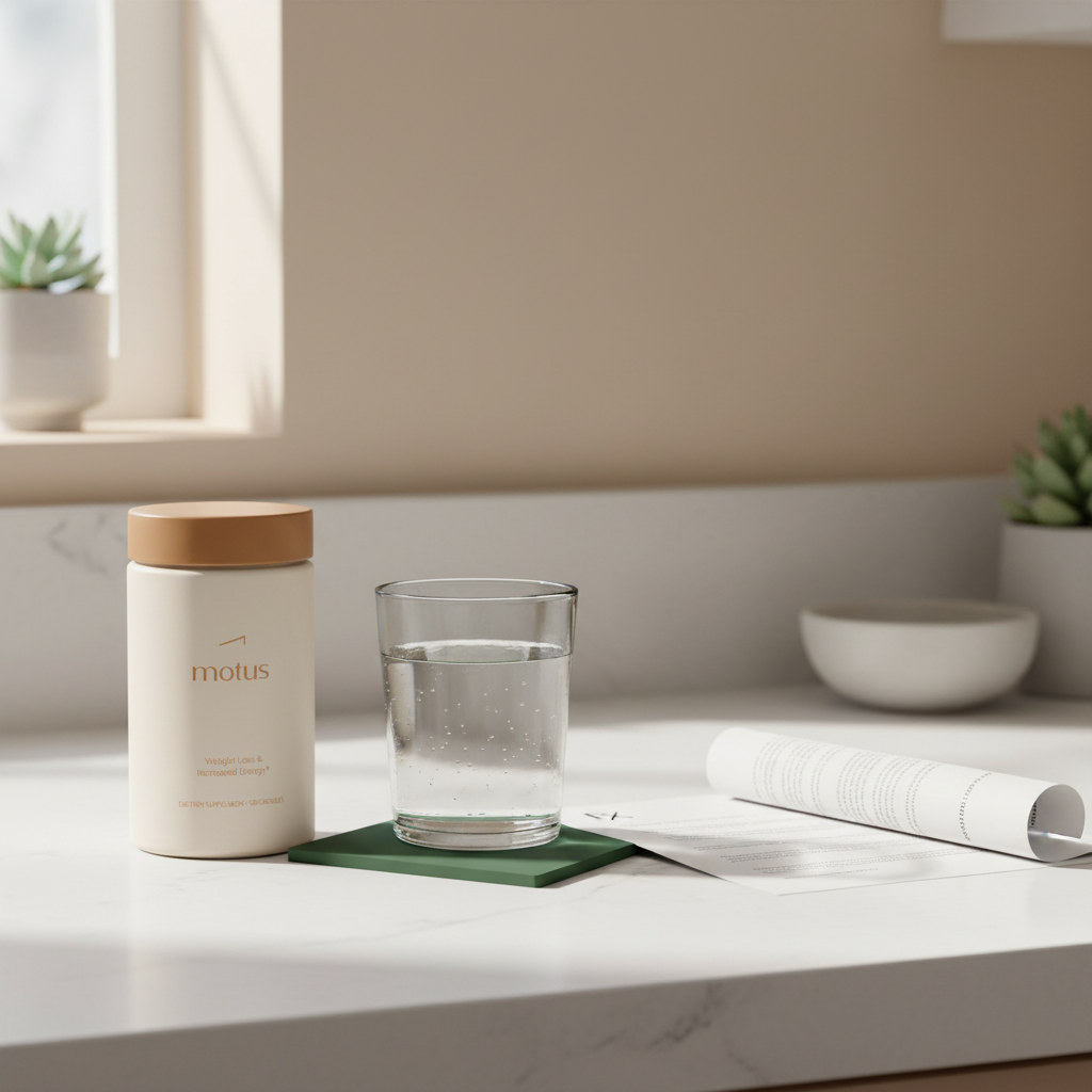 Minimal kitchen counter with Tonum supplement jar beside a glass of water and a printed prescription, representing bariatric vitamins insurance and weight-loss care.