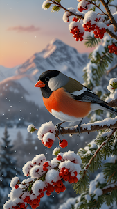 Bullfinch Perched on Snow-Covered Berries Against Mountain