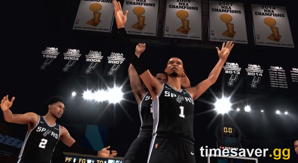 NBA 2K27 team celebration under championship banners — the narrative payoff MyCAREER builds toward