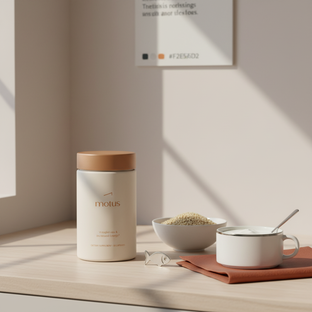 Minimalist kitchen counter with Motus supplement beside Greek yogurt, quinoa bowl and fish icon, emphasizing protein intake for weight loss and daily nutrition.