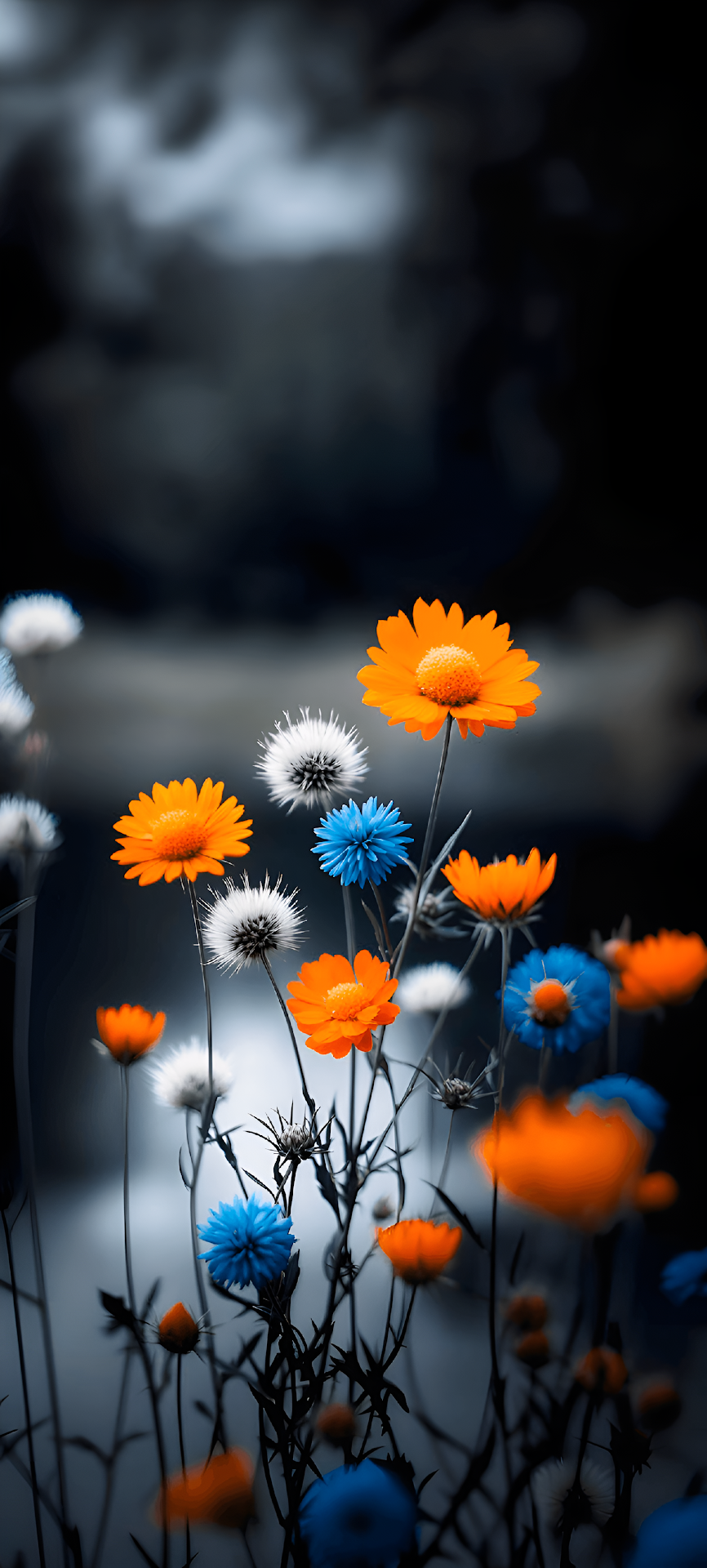 Selective Color Wildflowers Orange Blue Blossoms Dark - Free 4K mobile Wallpaper