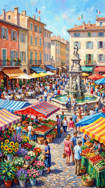 Impressionistic Bustling Market Square at Noon with Historic Fountain - Free mobile Wallpaper