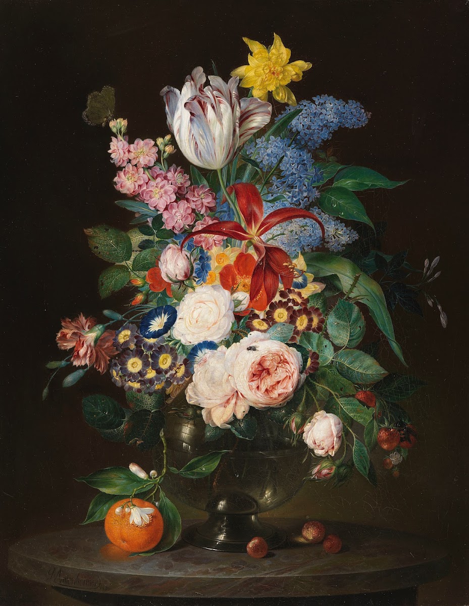 Prächtiges Blumenstillleben mit Insekten 1830