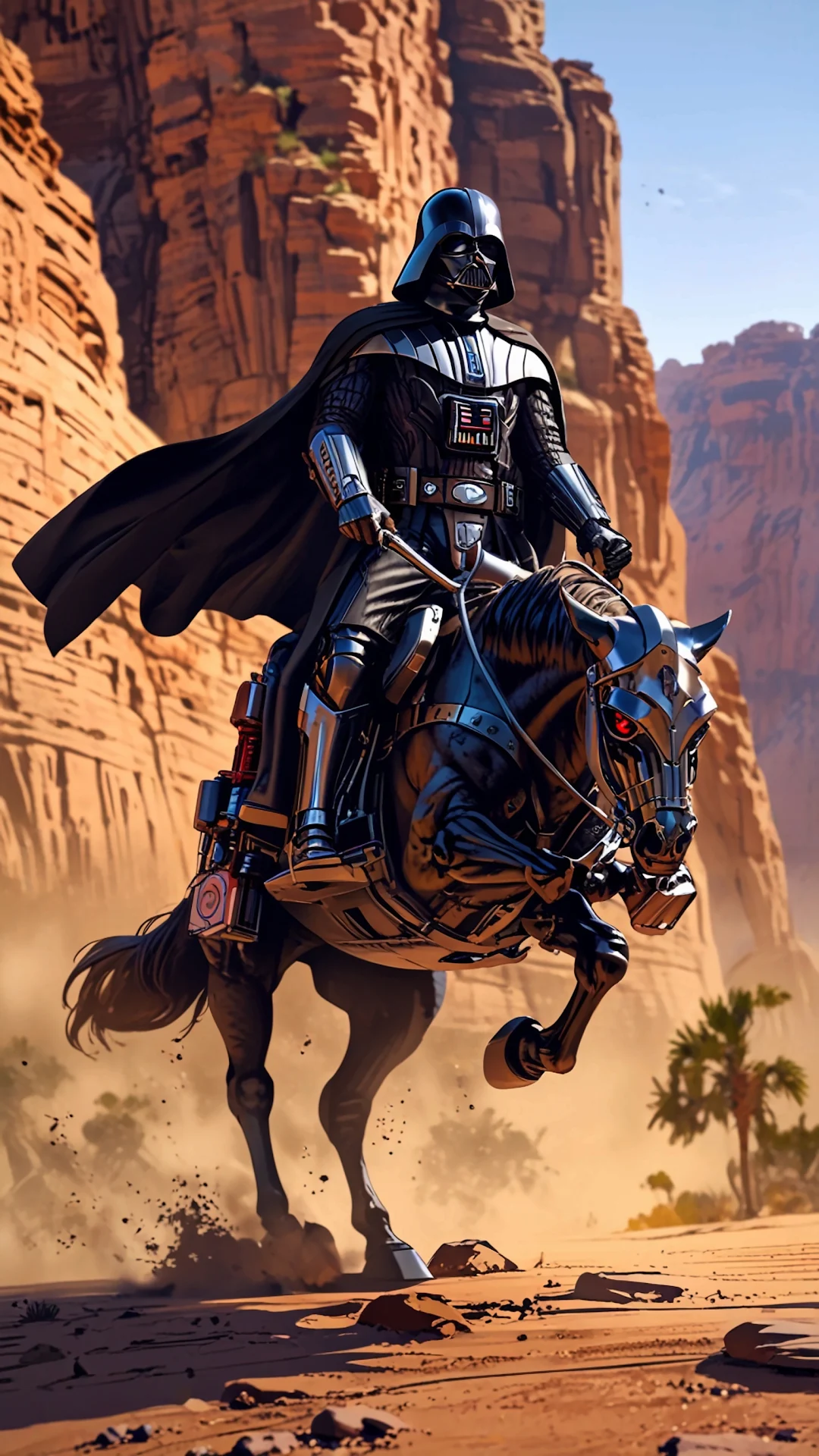 Darth Vader riding cybernetic horse through desert canyon - Free 4K mobile Wallpaper