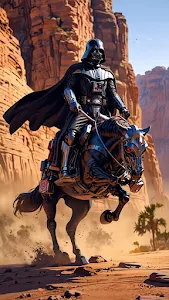 Darth Vader riding cybernetic horse through desert canyon
