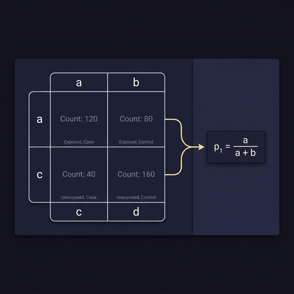 Minimal 2 by 2 contingency table with baseline counts a b c d and arrows showing algebraic flow to p1 equals a divided by a plus b convert odds to probability