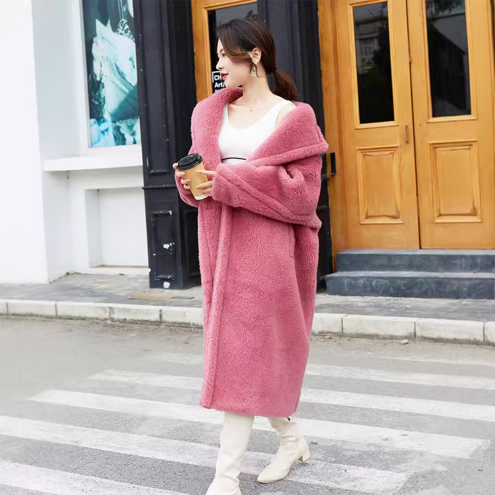 Teddy coat, medium length, color: raspberry pink