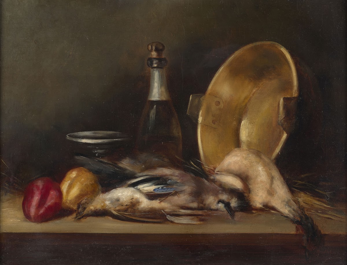 Oiseaux fruits bouteille de champagne et bassine en cuivre sur un entablement