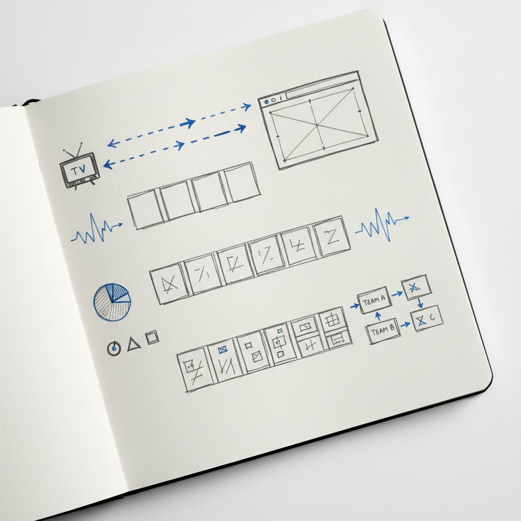 Close-up notebook spread with sketched 15/30/60-second storyboard sequences, audio waveforms and arrows showing audience flow to a landing page, minimalist television advertising visual