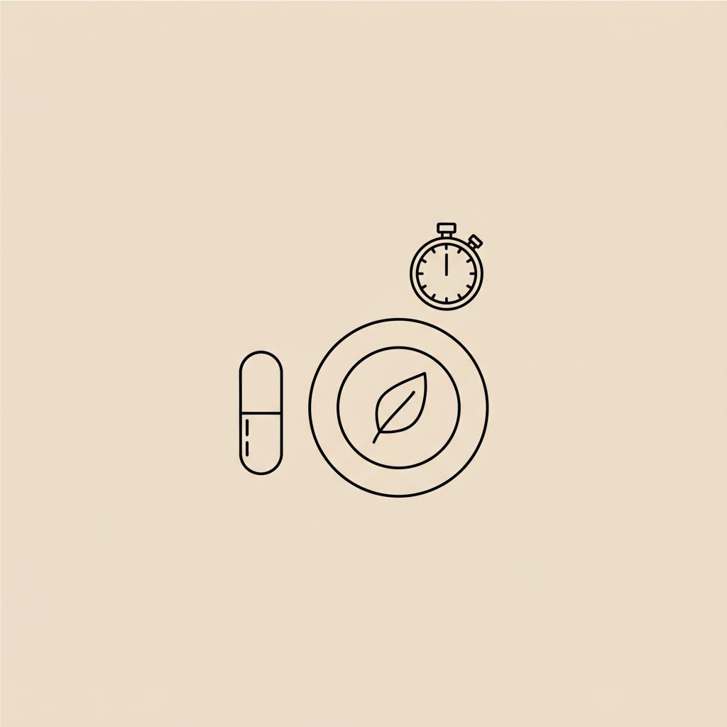 Can berberine cause rapid weight loss? Minimal Tonum-style line illustration of a capsule, stopwatch, and plate with a leaf on a flat beige background.