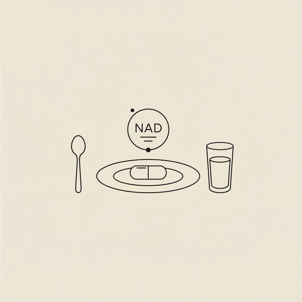 Minimalist 2D vector line illustration of a plate with a capsule, stylized NAD double-ring above, spoon and glass on beige background — does nicotinamide increase appetite