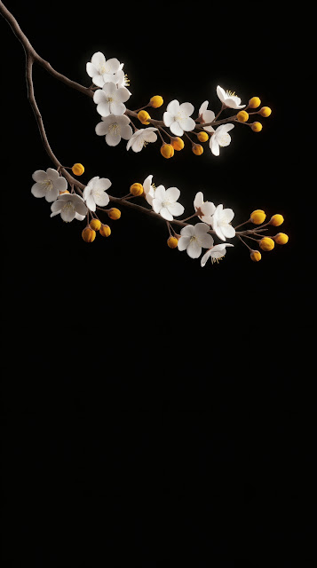 3D rendered white cherry blossoms with yellow buds against a pure pitch black AMOLED background.