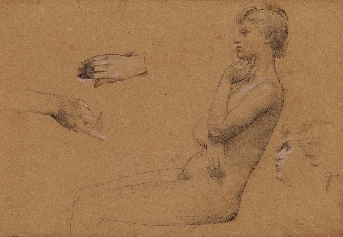 Nu de femme assise et étude de mains et de visage