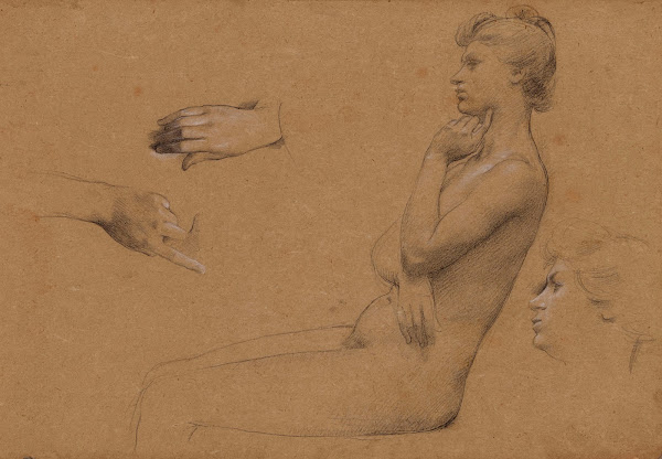 Nu de femme assise et étude de mains et de visage